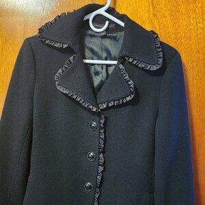 Women's Small Express Design Studio Black Wool Blend Ruffle Trim 3 Button Coat